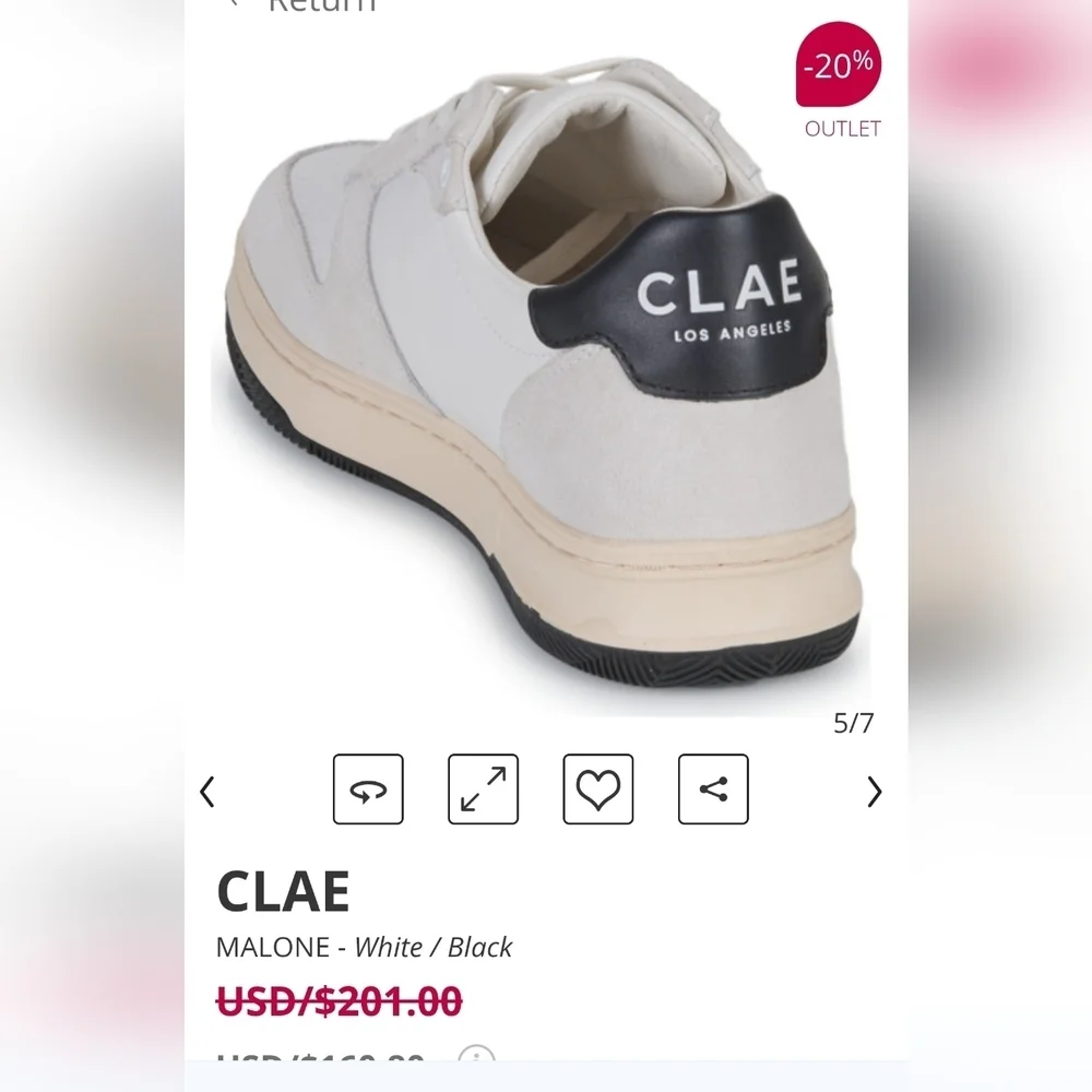 Clae Malone Leather White and Black Casual Sneakers NWT